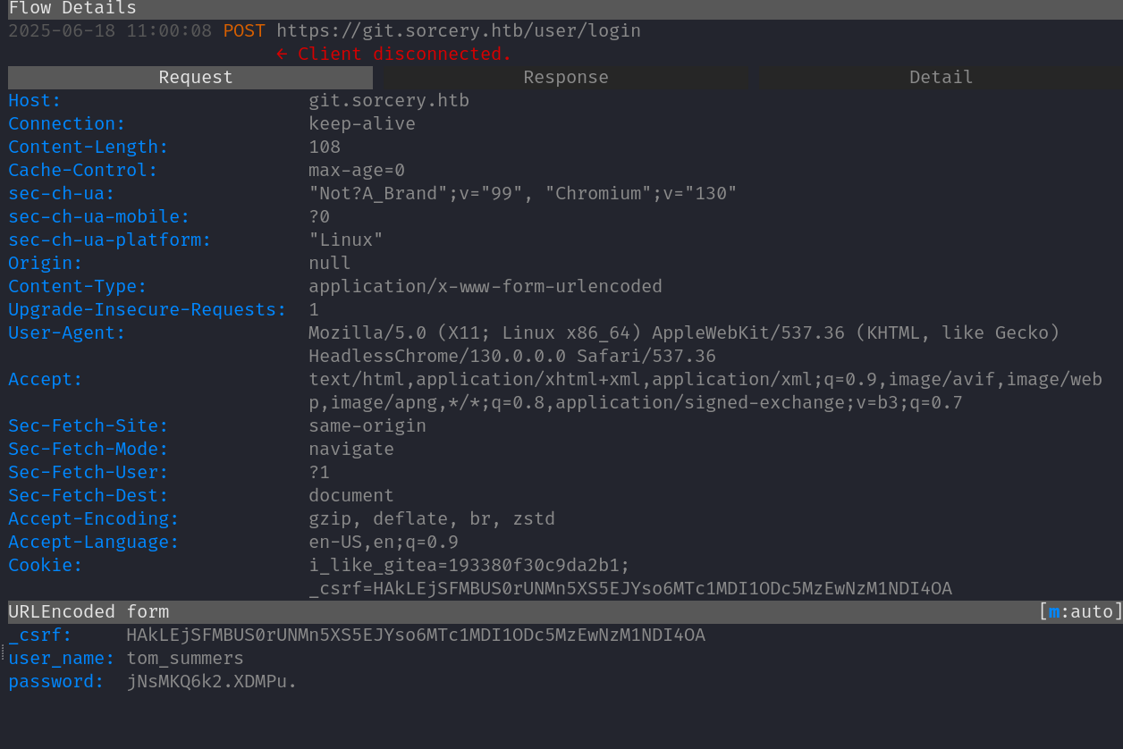 Captured tom_summers credentials in mitmproxy